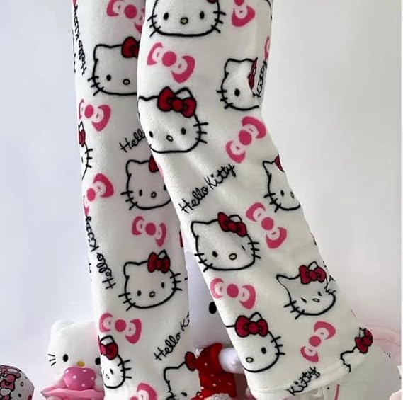 White Hello Kitty Pajama Pants Women's Flannel winter Pajamas Bottoms Girls Soft Comfy Sleep Lounge Fuzzy Long Pant - Homeware Discounts