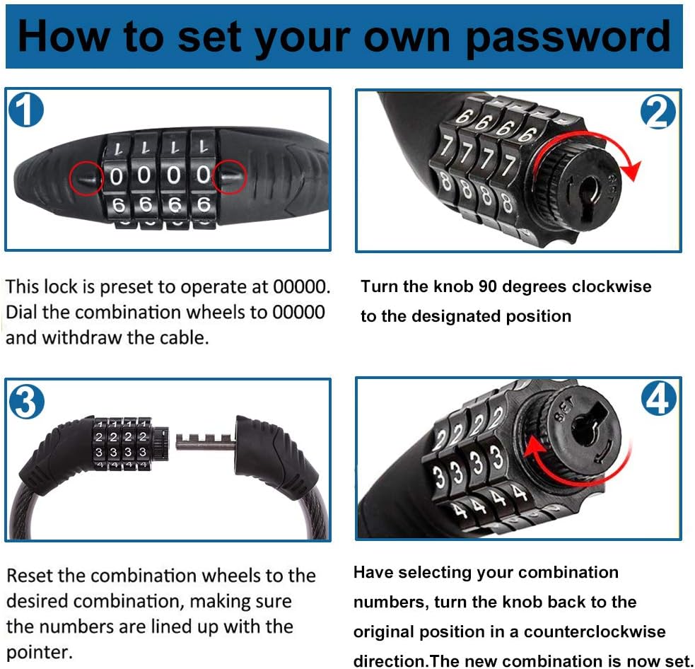 Bike code Lock Cable 4 Digit Resettable Combination Security Cable Lock Self Coiling Cable Lock Bike Bicycle