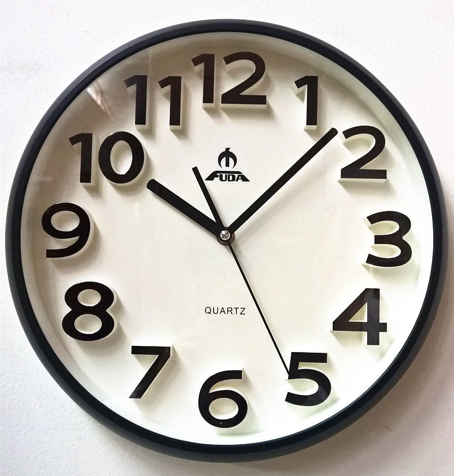 Silent Round Wall Mountable Quartz Analogue Clock- Black 34cm