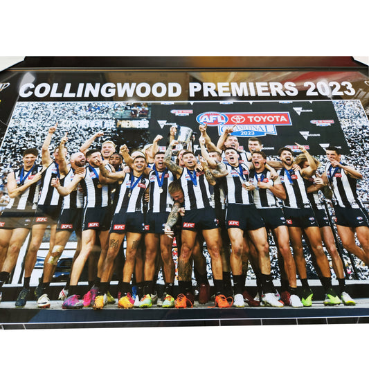 Collingwood FC 2023 AFL PREMIERS 75M x 55CM Team Poster Wooden Frame MEMORABILIA - Homeware Discounts