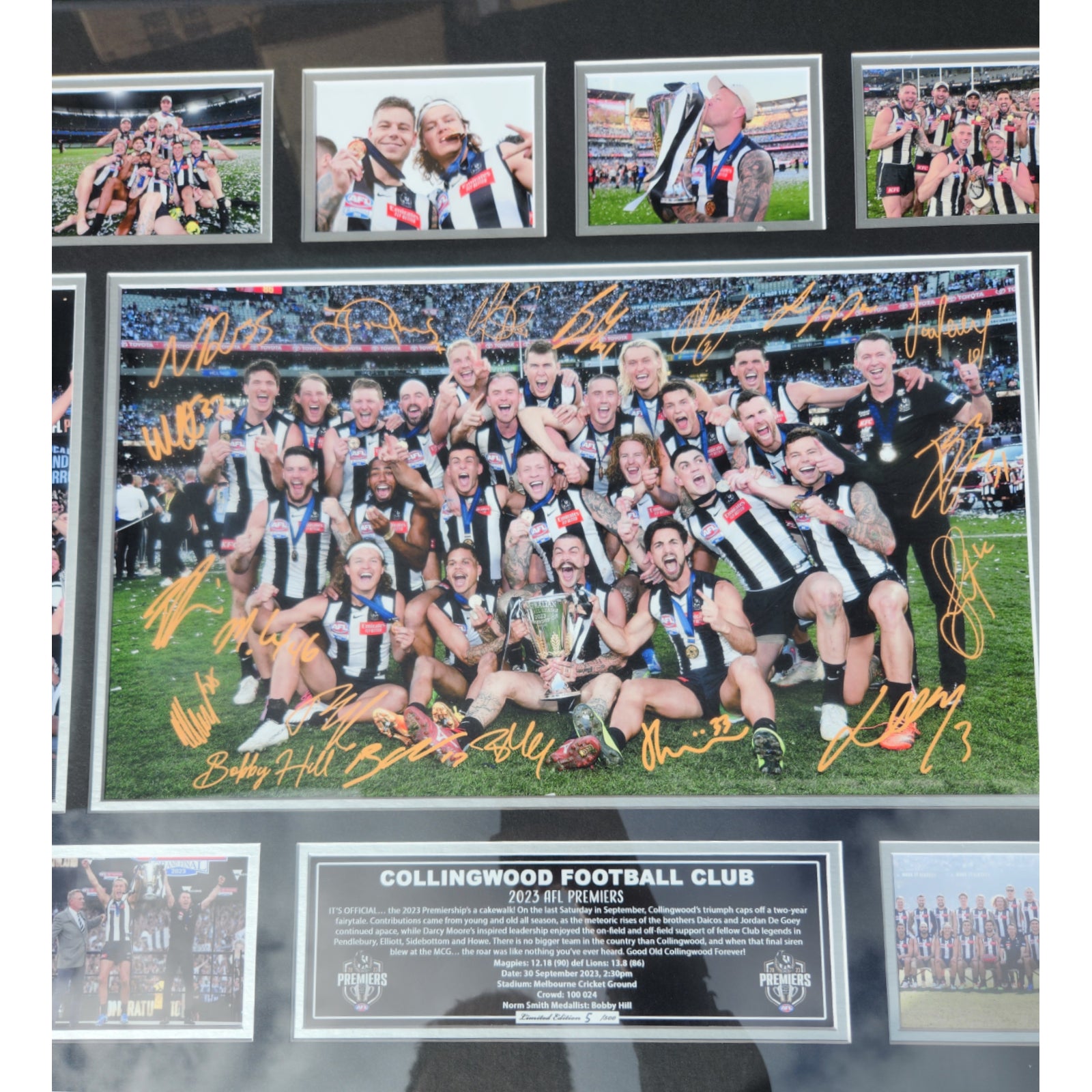 Collingwood FC 2023 AFL PREMIERS 86CM x 56CM Team Poster Wooden Frame MEMORABILIA - Homeware Discounts