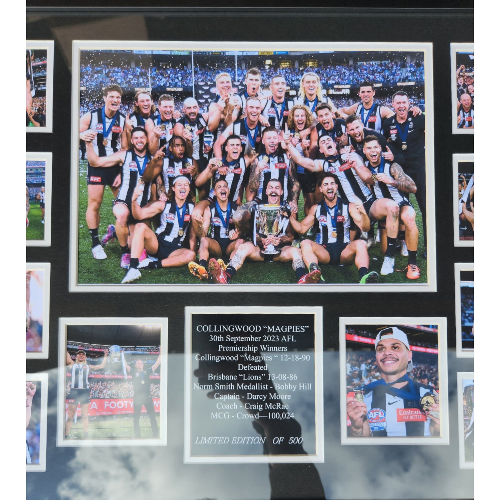 Collingwood FC 2023 AFL PREMIERS 56CM x 46CM Team Poster Wooden Frame MEMORABILIA - Homeware Discounts