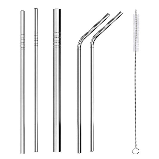 Stainless Steel Straws Reusable Metal Drinking Washable Bent Straw Brush 5 Pack - Homeware Discounts