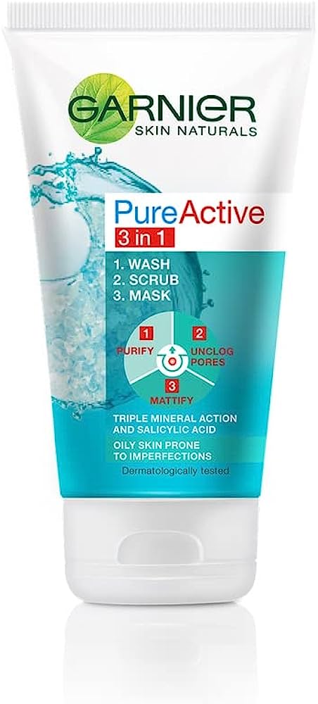 Garnier Pure Active 3 in 1 Wash Scrub Face Wash Face Mask and Mask 150ml - Homeware Discounts