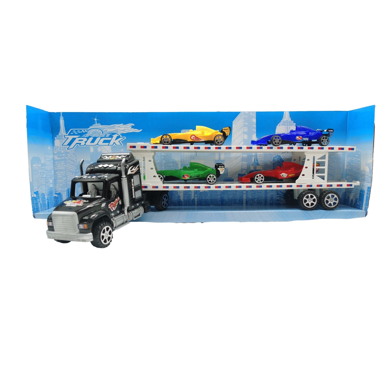 50cm Toy Truck Transport Car Carrier 4 Mini F1 Cars Play Set Transport Car Toy Lorry Kids - Homeware Discounts