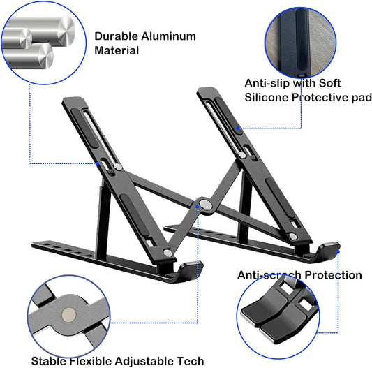 Aluminium Laptop Stand Adjustable Folding Cooling Notebook Bracket Portable Tablet Holder Foldable Compatible with all Laptops and Tablets - Homeware Discounts