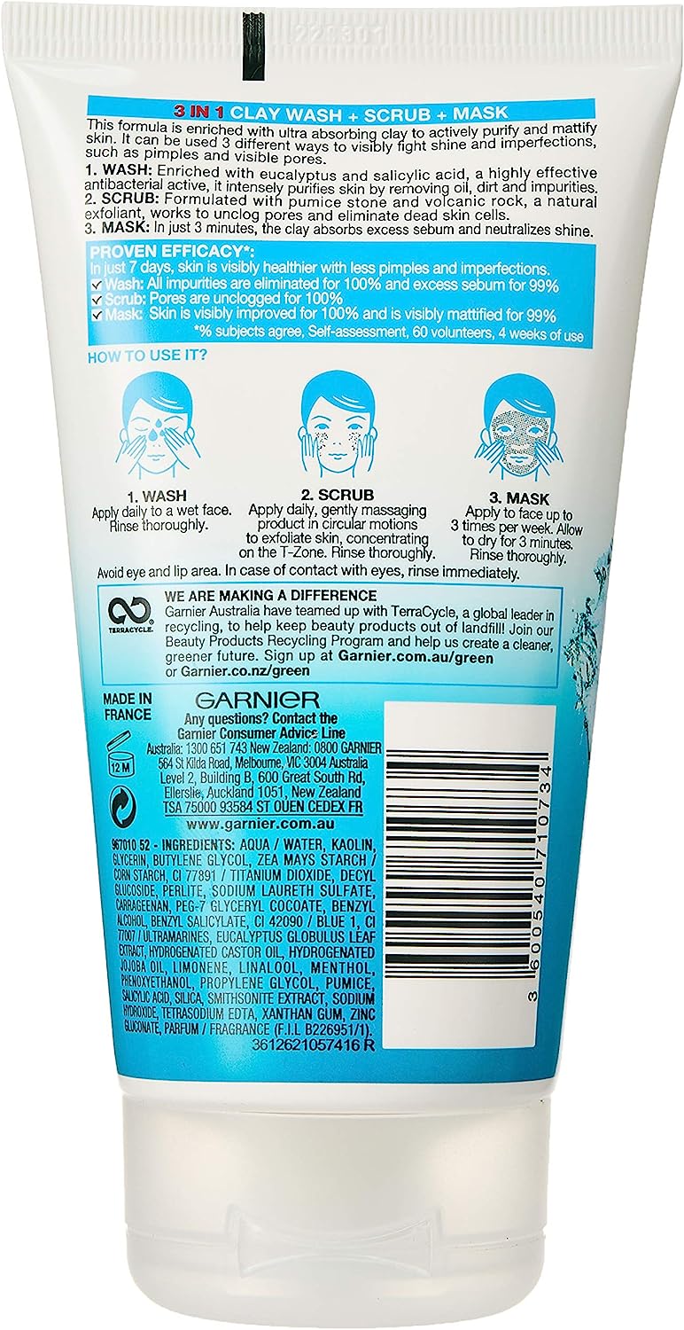 Garnier Pure Active 3 in 1 Wash Scrub Face Wash Face Mask and Mask 150ml - Homeware Discounts