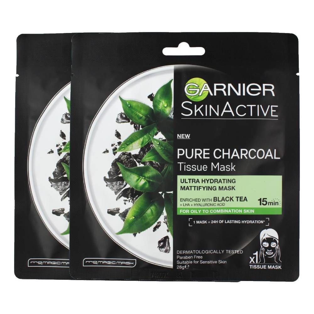 2x Garnier Pure Charcol Tissue Mask SkinActive Ultra Mattifying Black Tea - Homeware Discounts