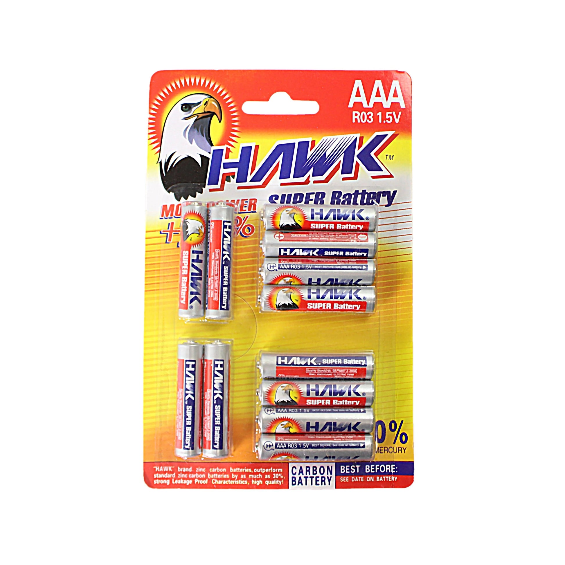 12 Pack Hawk Super Battery AAA 1.5V Carbon Battery - Homeware Discounts