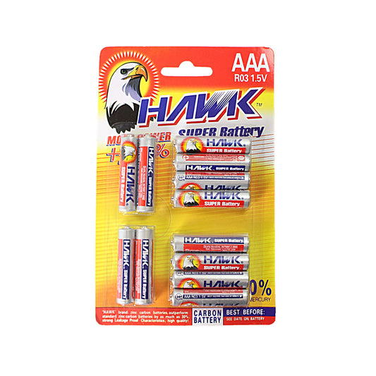 12 Pack Hawk Super Battery AAA 1.5V Carbon Battery - Homeware Discounts