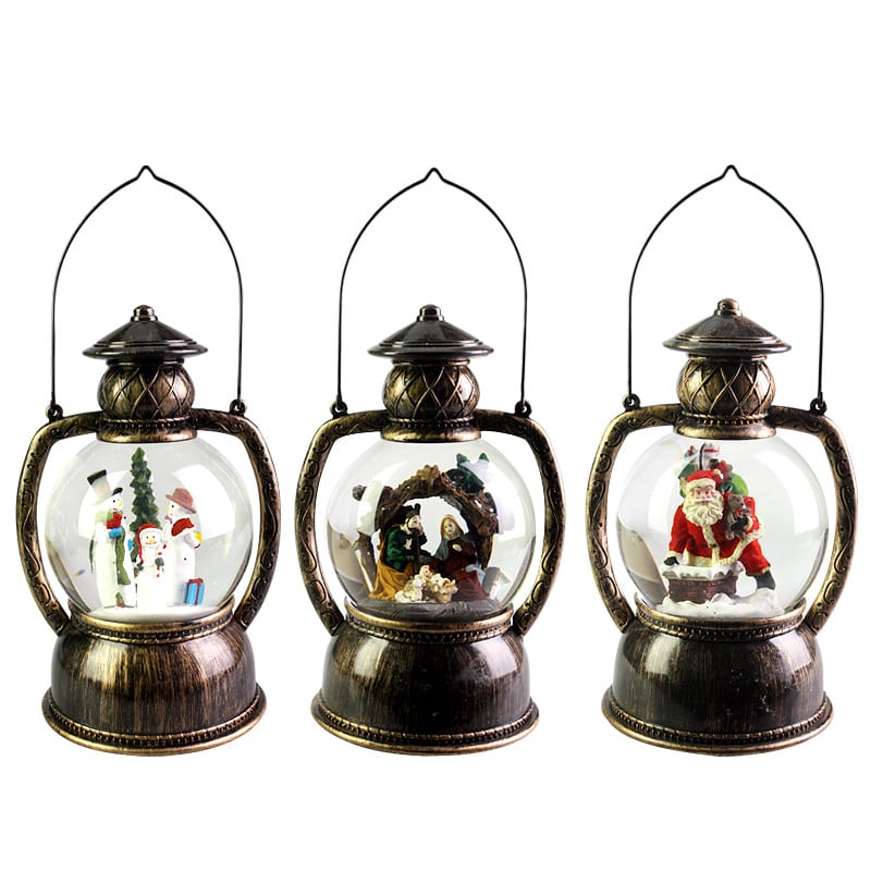 Christmas Decor Snow Globes Magical Led Lantern Light Confetti Santa Snowman Nativity Set - Homeware Discounts
