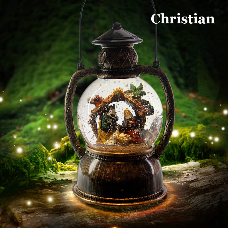 Christmas Decor Snow Globes Magical Led Lantern Light Confetti Santa Snowman Nativity Set - Homeware Discounts