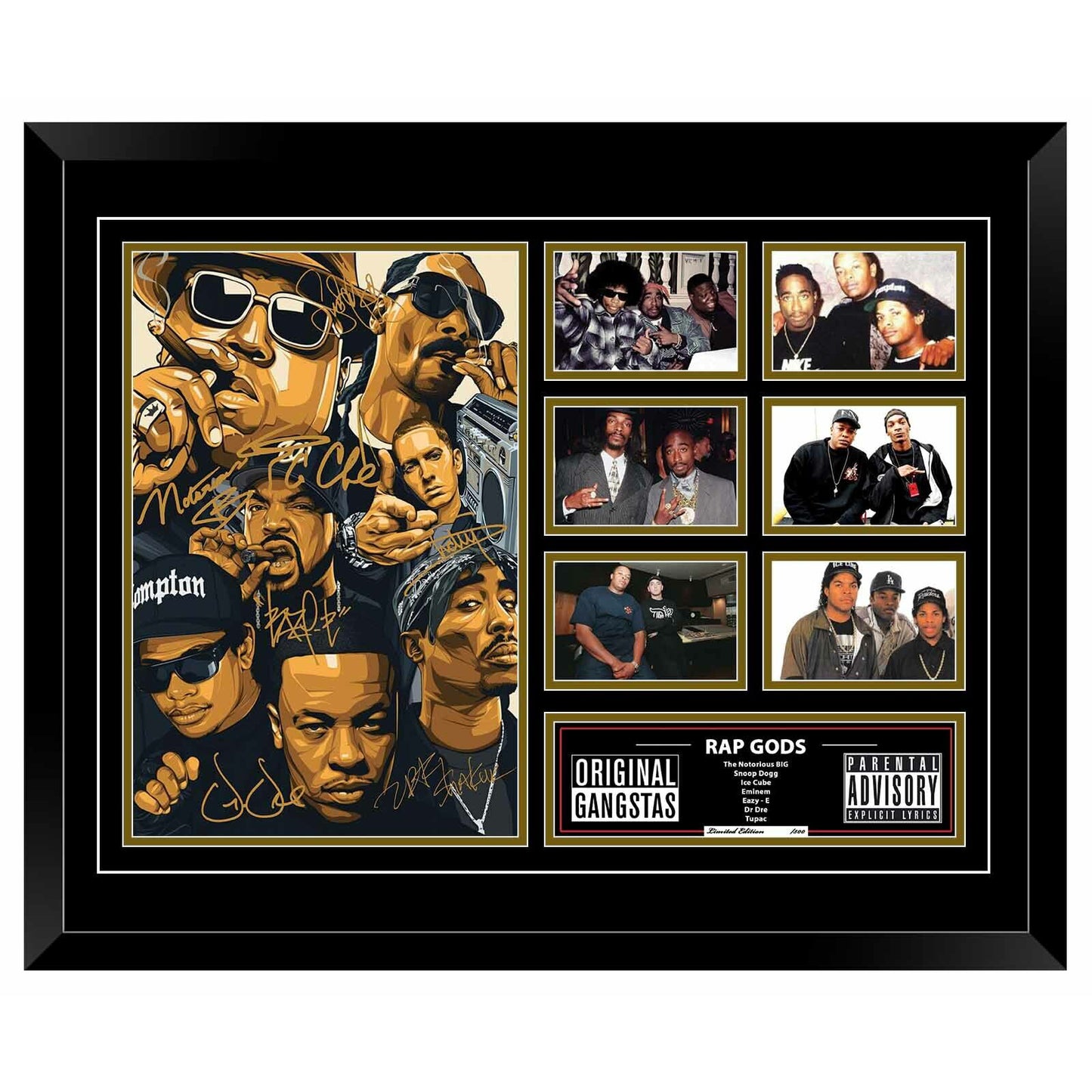 TUPAC EAZY E EMINEM ICE CUBE SNOOP DOGG DR DRE BIGGIE SMALLS Rap Gods Photo Memorabilia Wooden Frame