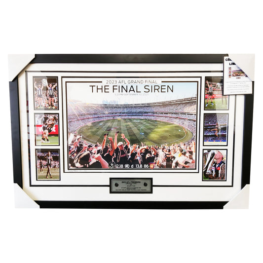 2023 Premiers Collingwood Magpies "The Final Siren" 87CM x 57CM Team Poster Sportsprint Wooden Frame Memorabilia - Homeware Discounts