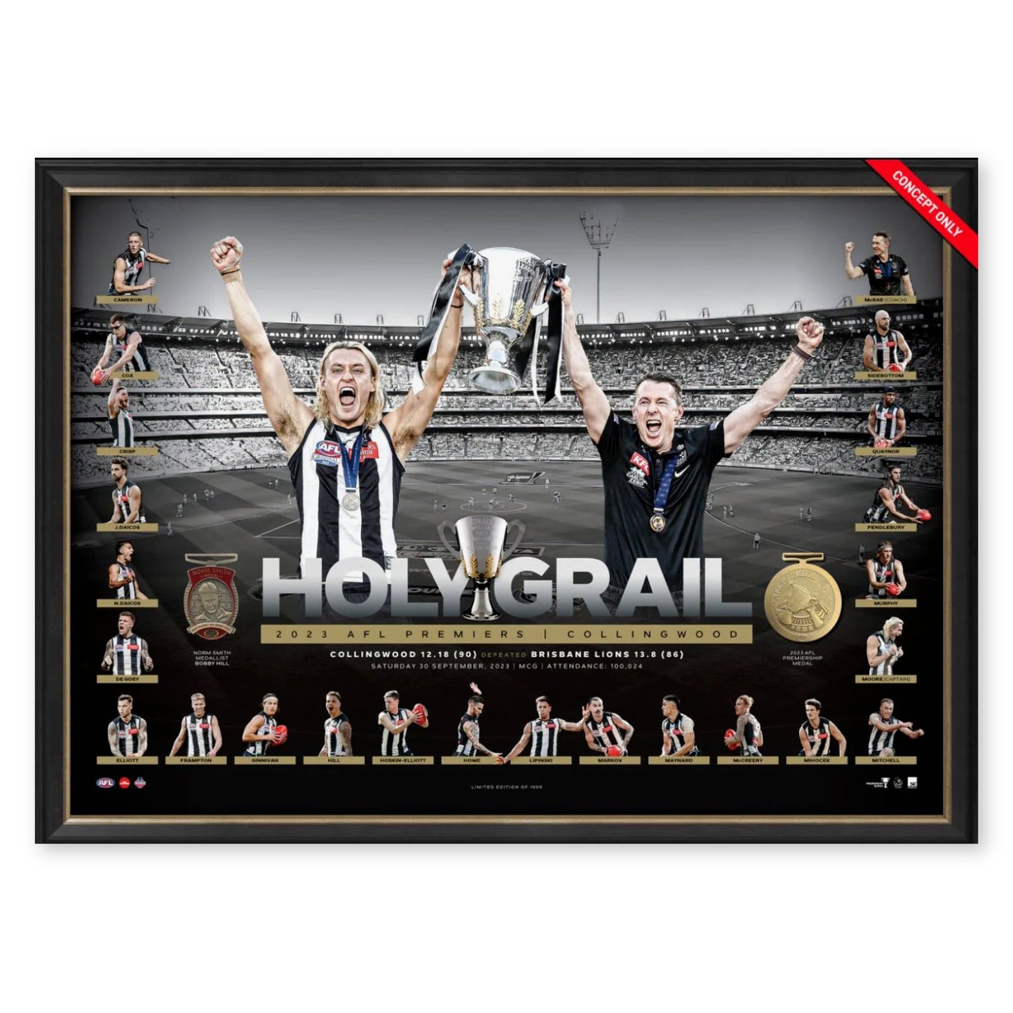 2023 AFL Premiers Collingwood Magpies 81CM x 111CM Holy Grail Poster Wooden Frame - Homeware Discounts
