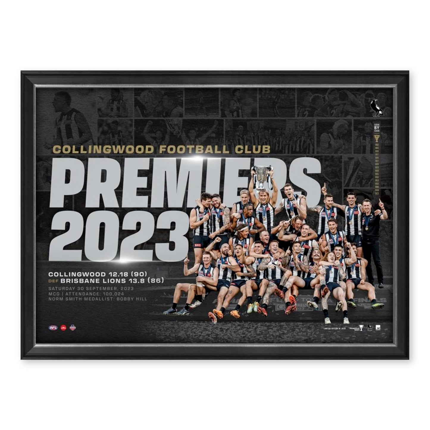 2023 AFL Premiers Collingwood Magpies 75CM x 55CM Team Poster Sportsprint Wooden Frame MEMORABILIA - Homeware Discounts