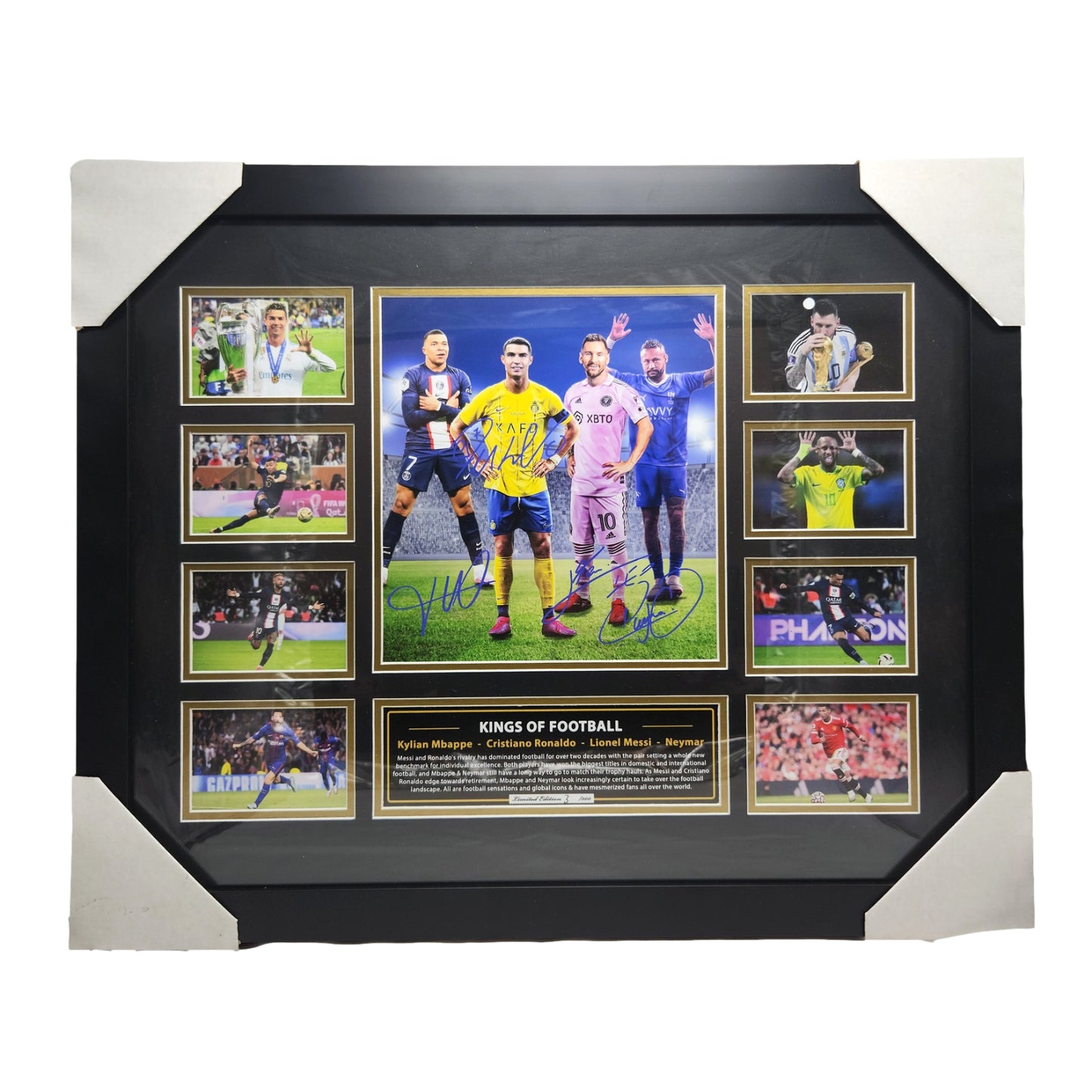 KINGS OF FOOTBALL Mbappe Ronaldo Messi Neymar Soccer Football Limited Photo Memorabilia Wooden Frame - Homeware Discounts