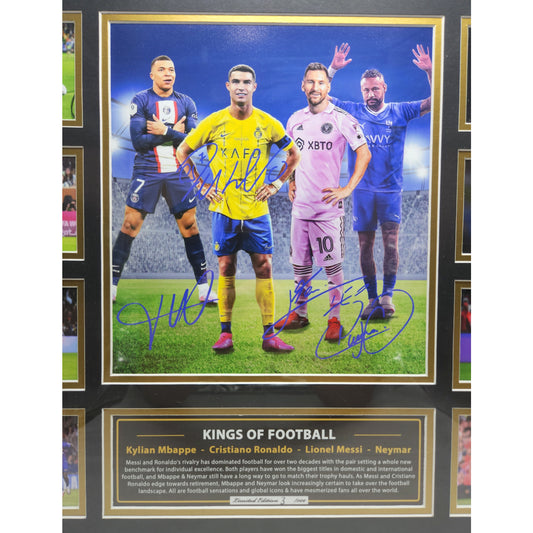 KINGS OF FOOTBALL Mbappe Ronaldo Messi Neymar Soccer Football Limited Photo Memorabilia Wooden Frame - Homeware Discounts