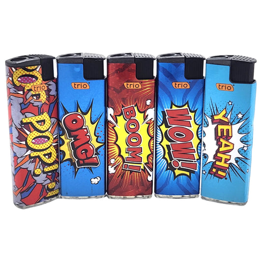 5 Pack TRIO Cigarette Lighter Boom Comic Disposable Gas Jet Lighter Windproof - Homeware Discounts