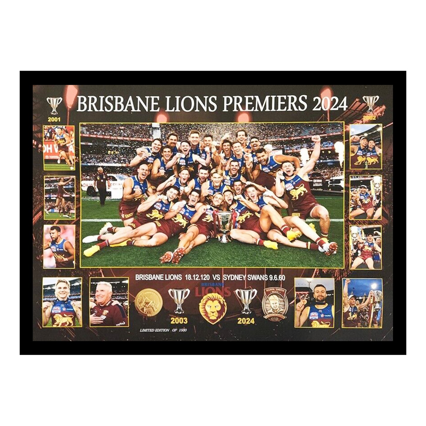 Brisbane FC 2024 PREMIERS 75M x 55CM Team Poster Wooden Frame MEMORABILIA