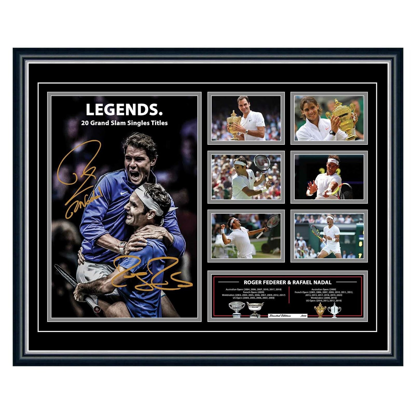 ROGER FEDERER & RAFAEL NADAL 20 GRAND SLAMS Tennis Limited Edition Photo Memorabilia Wooden Frame