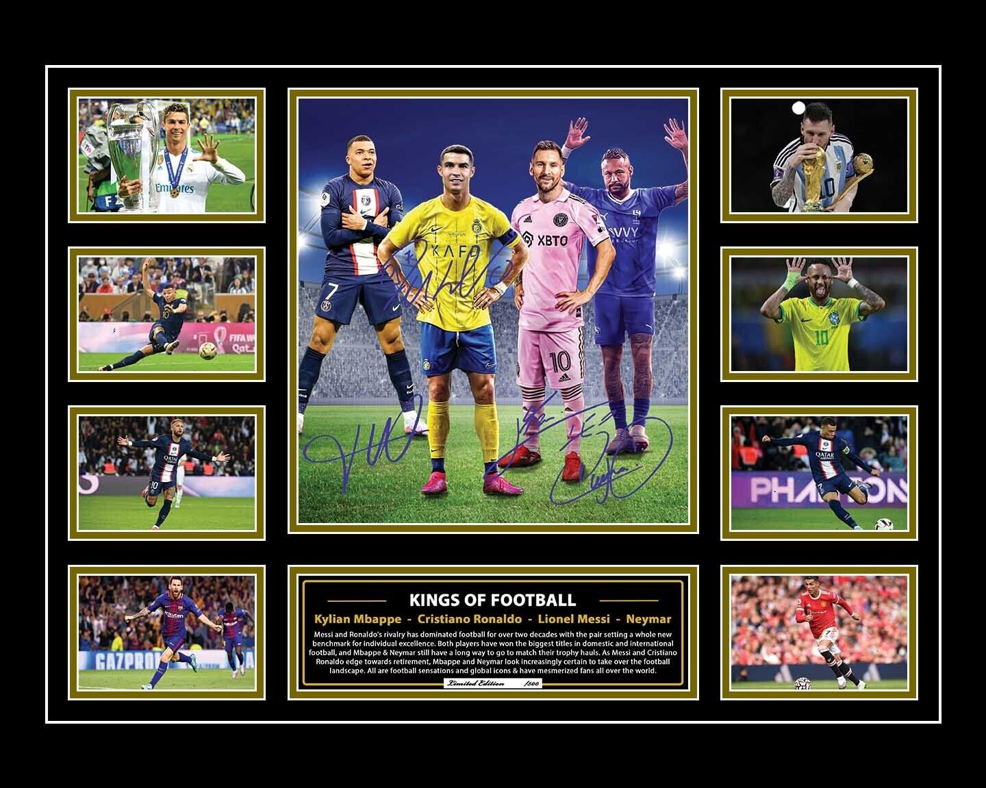 KINGS OF FOOTBALL Mbappe Ronaldo Messi Neymar Soccer Football Limited Photo Memorabilia Wooden Frame - Homeware Discounts