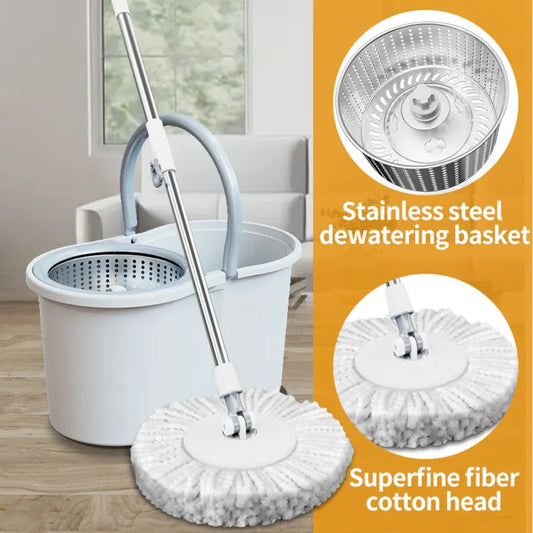 360 9 Litre Spin Mop with Bucket Extra Large Hands Free Stainless Steel Magic Mop +2 Heads