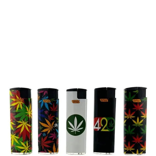5 Pack TRIO cigarette lighter Marijuana Leaf 420 Design Disposable JET Gas Lighters Windproof - Homeware Discounts