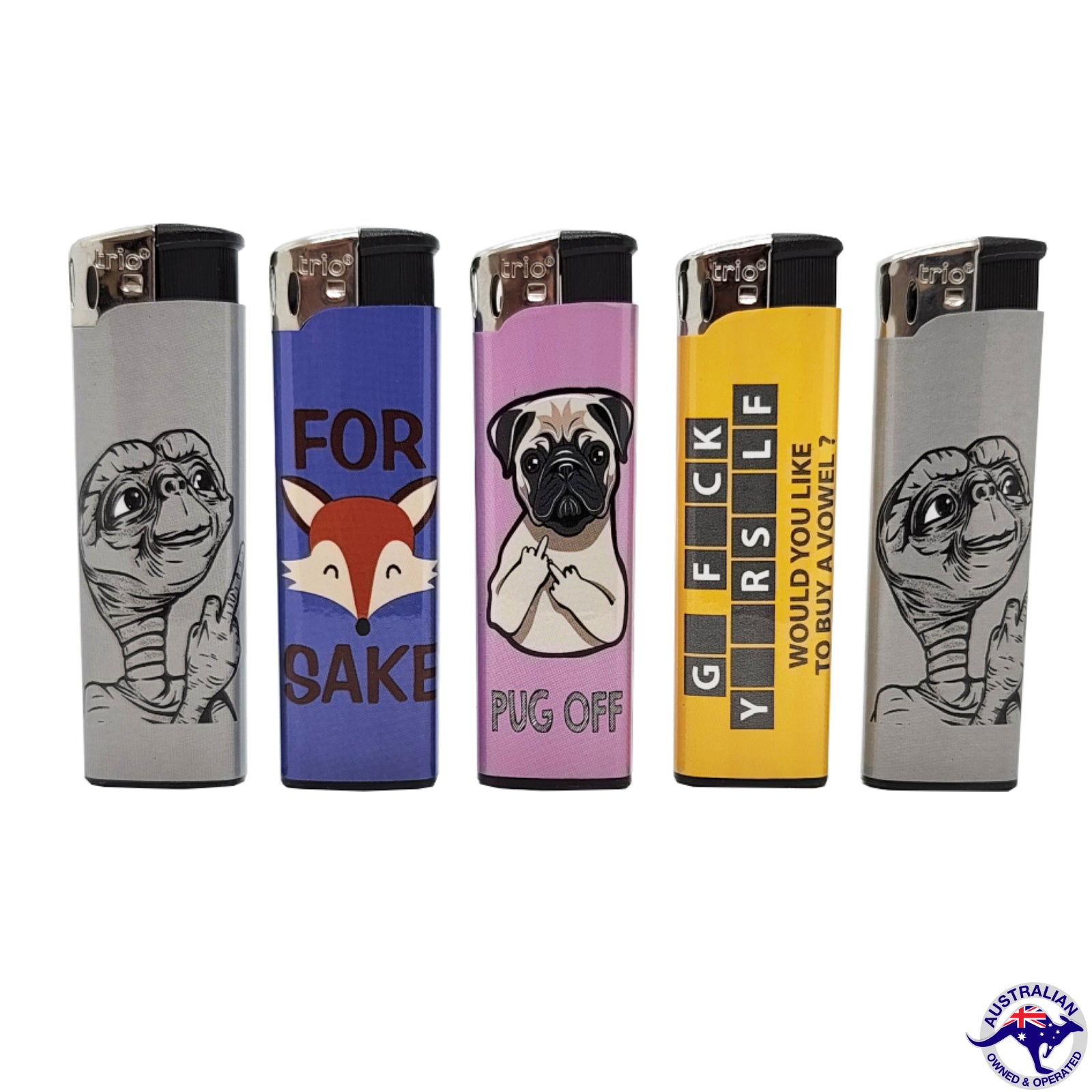 5 Pack TRIO cigarette lighter Character Design ET Fox Pug Disposable Gas Lighters Pocket Sized - Homeware Discounts