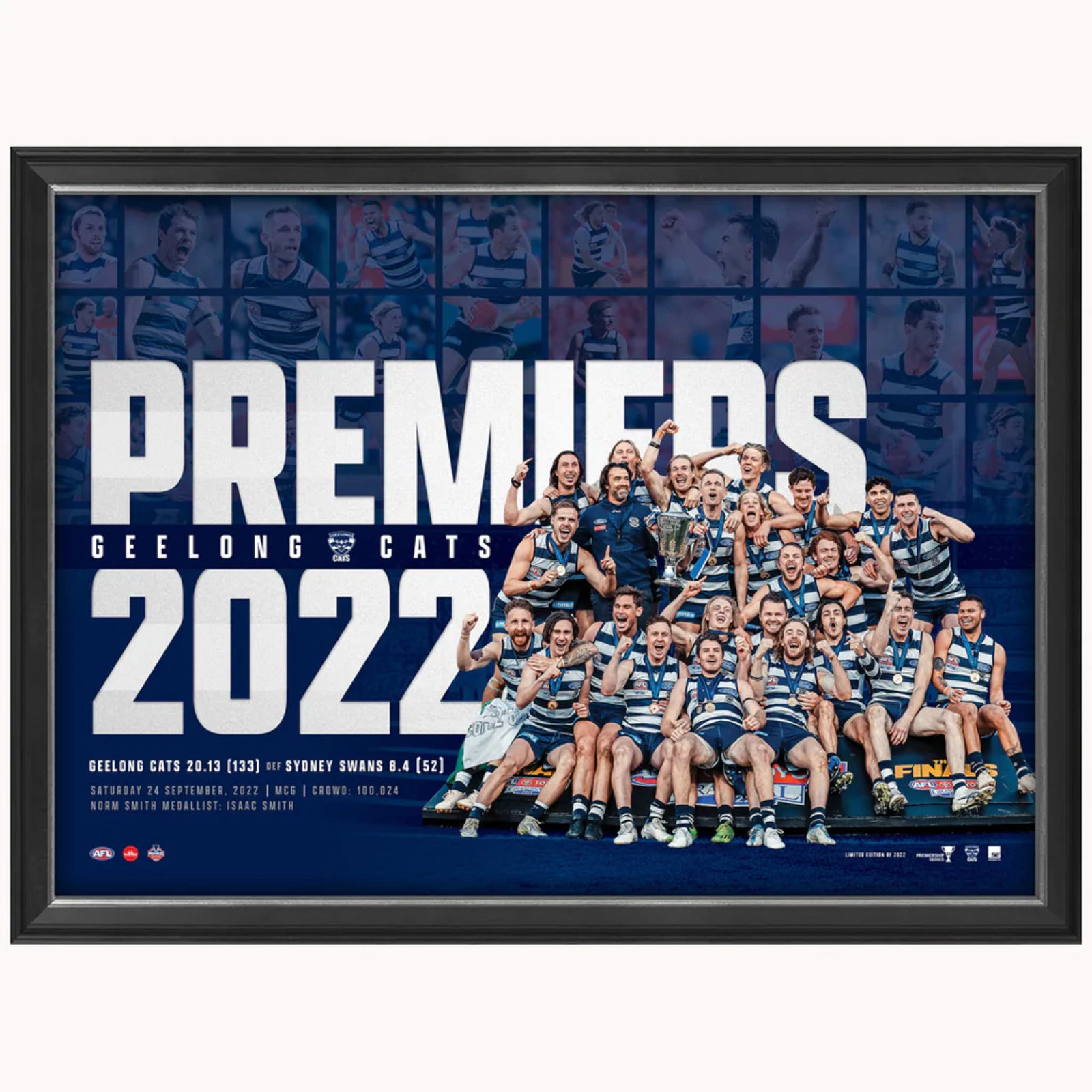 2022 Premiers Geelong Cats 75CM x 55CM Team Poster Wooden Frame - Homeware Discounts