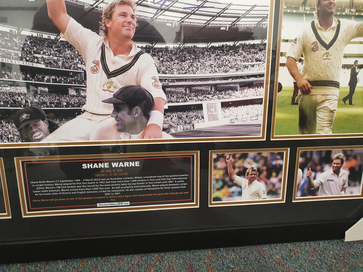 Shane Warne Signed Framed Limited Edition 86cmx56cm Photo Memorabilia Wooden Frame - Homeware Discounts