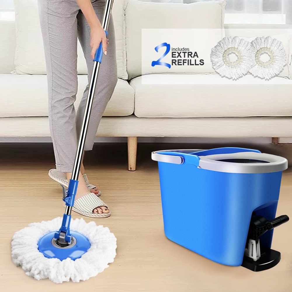 360 11 Litre Spin Mop with Bucket Extra Large Hands Free Stainless Steel Magic Mop +2 Heads - Homeware Discounts