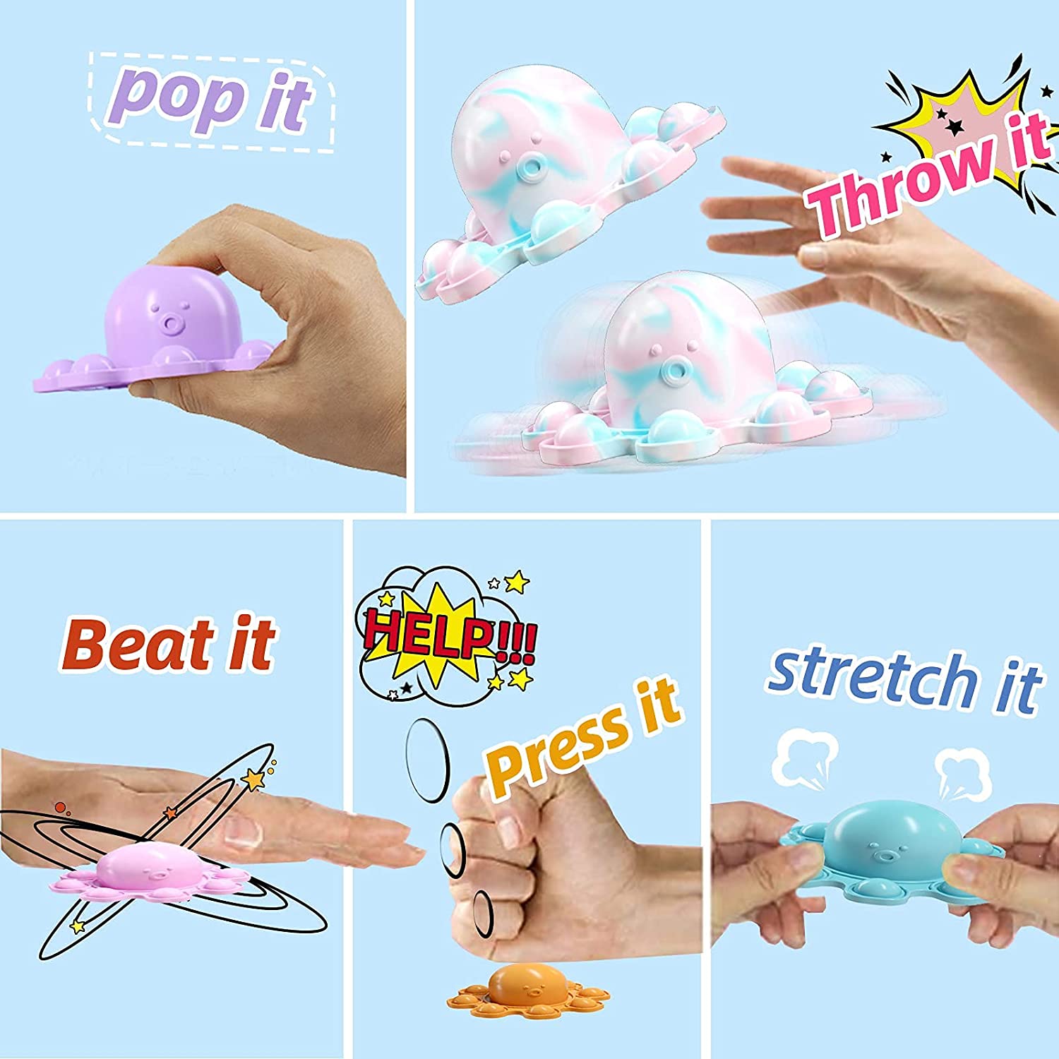 Octopus Pop It 6 Pack Octopus Push Pop Reversible Silicone Bubble Fidget Sensory Toy - Homeware Discounts