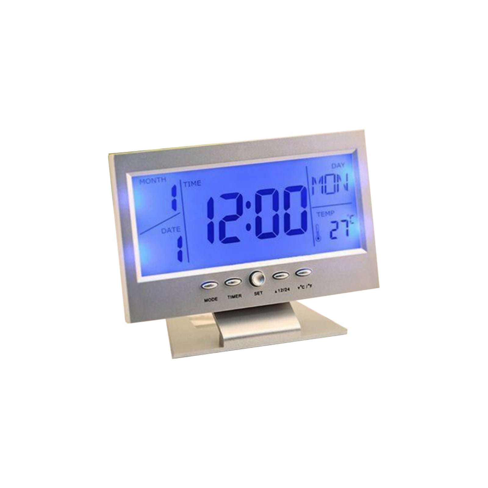 Digital LCD Desk Clock Alarm Temperature - Black And Silver - Homeware Discounts