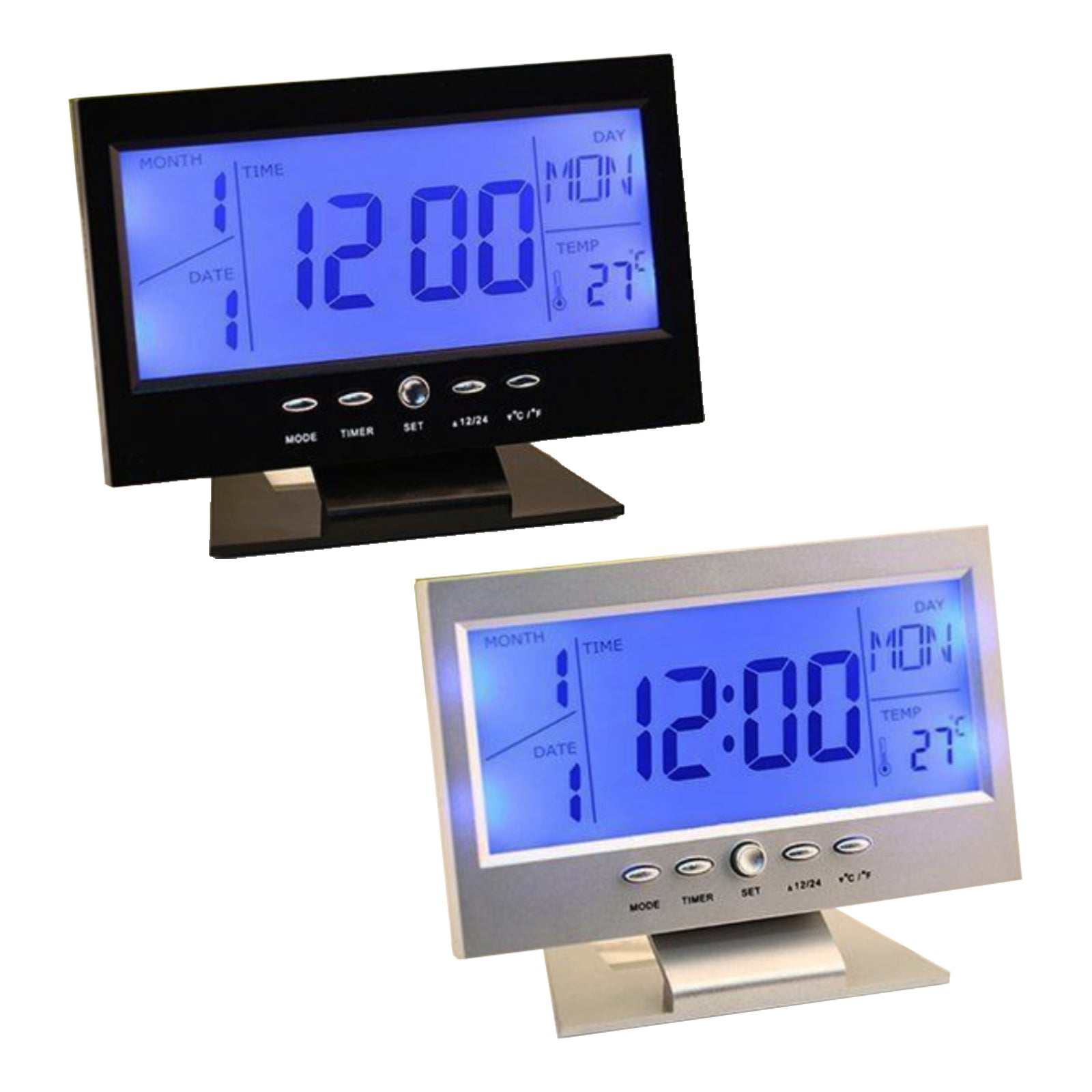 Digital LCD Desk Clock Alarm Temperature - Black And Silver - Homeware Discounts