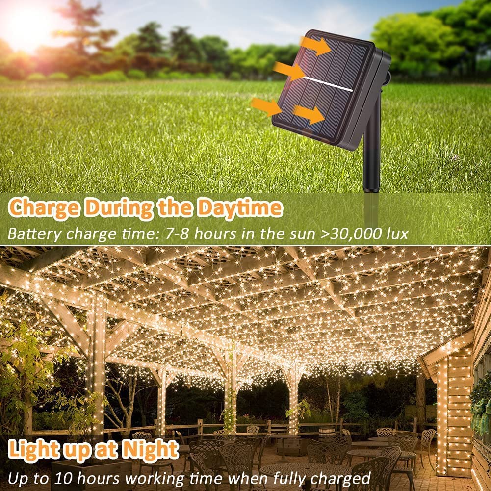 200 Warm Yellow White LED Solar Powered 22m Christmas Garden Fairy Lights - Waterproof Solar - Homeware Discounts