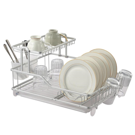 2 Tier Aluminium Home Kitchen Dish Rack Dish Drying rack Cutlery Cup Holder - Homeware Discounts