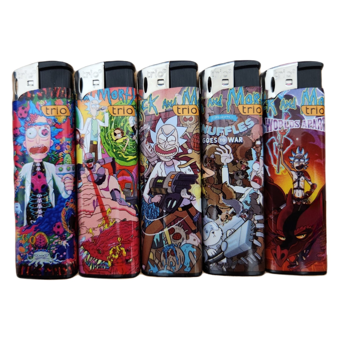 5 Pack TRIO cigarette lighter Ricky And Morty Design Disposable Gas Lighters Pocket Sized - Homeware Discounts