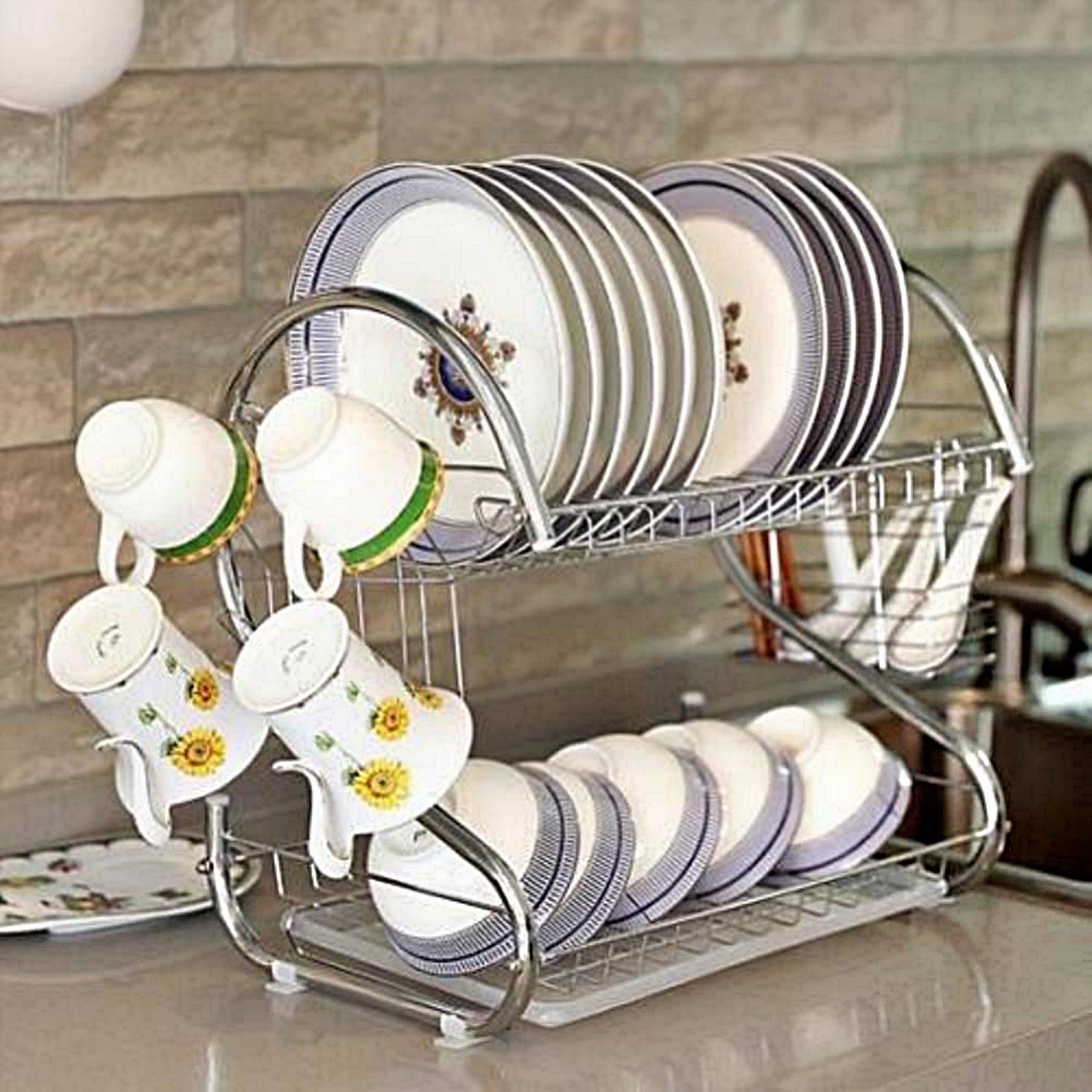 2-Layer Stainless Steel Kitchen Dish Rack Cup Holder Cutlery Drainer - Homeware Discounts
