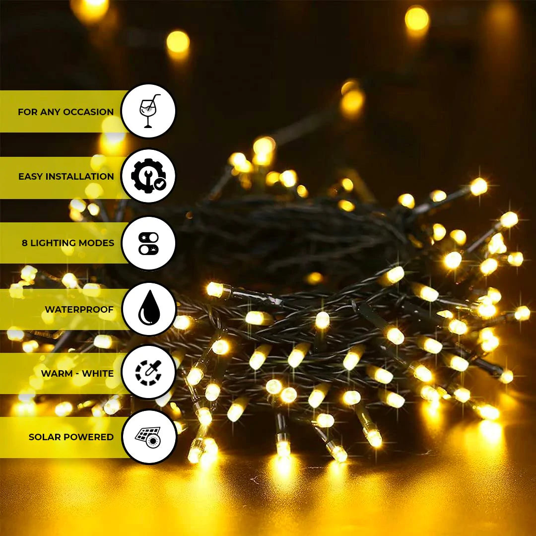 200 Warm Yellow White LED Solar Powered 22m Christmas Garden Fairy Lights - Waterproof Solar - Homeware Discounts