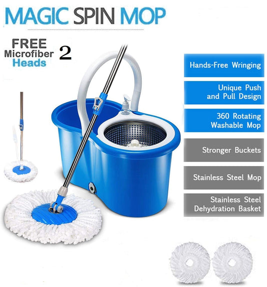 360 9 Litre Spin Mop with Bucket Extra Large Hands Free Stainless Steel Magic Mop +2 Heads - Homeware Discounts